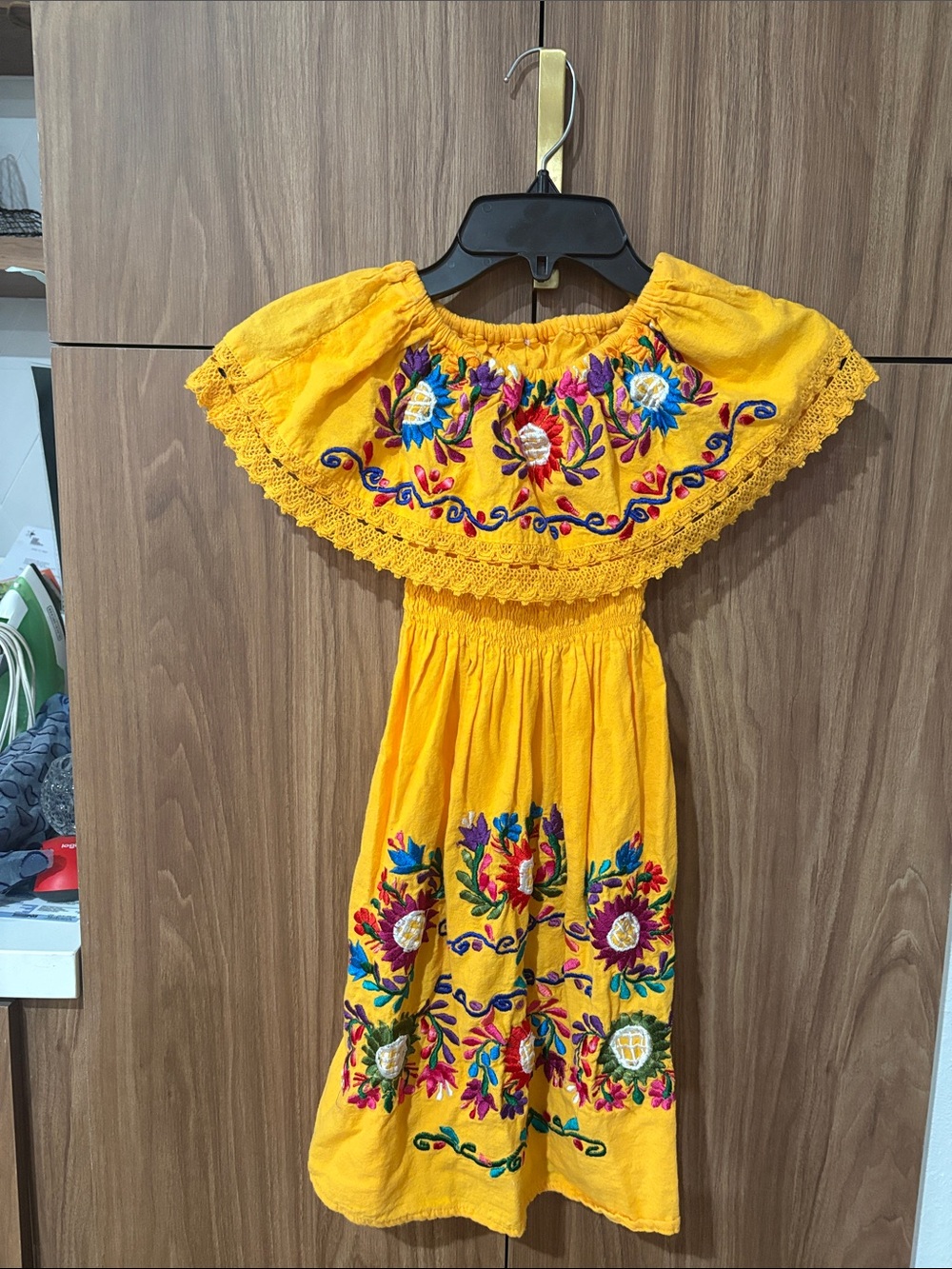 Girls -Bright Yellow Embroidered Off-Shoulder Mexican  Dress